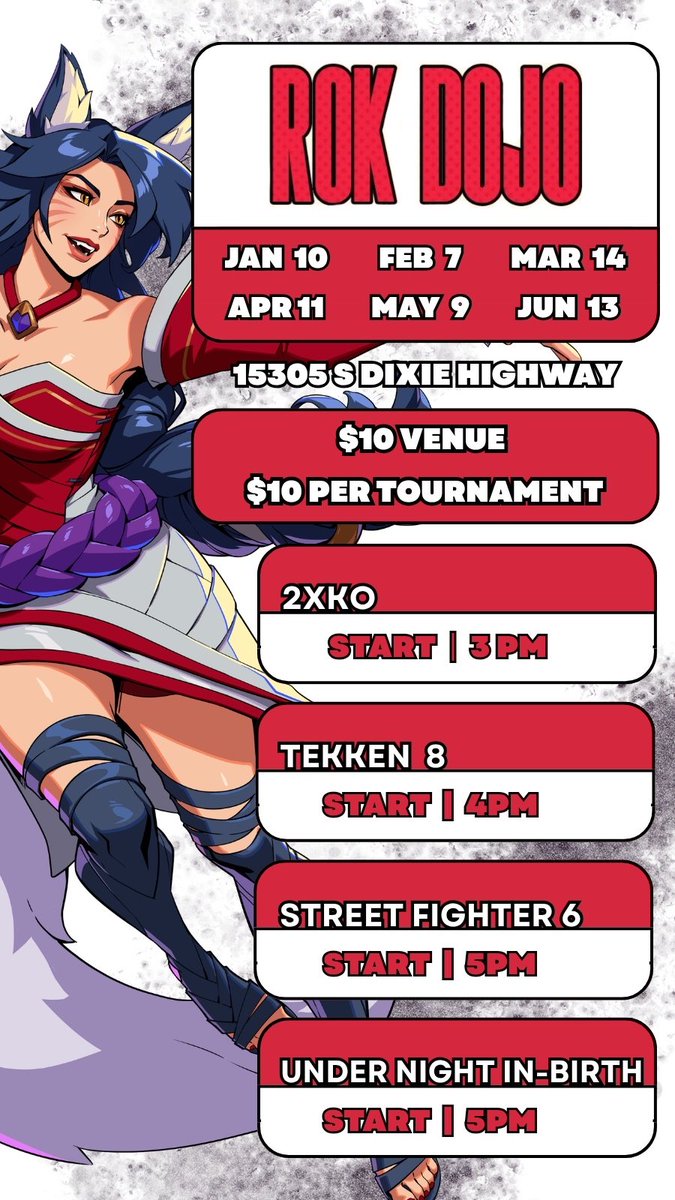 SoFloDojo's tweet photo. Reminder that ROK Dojo, Miami's premier FGC monthly, is next Saturday, May 9th! Featuring our normal lineup of SF6, 2XKO, UNI and Tekken, it'd be great to see you all come out and run some games at ROK. Come out! https://t.co/UIiISyL77G