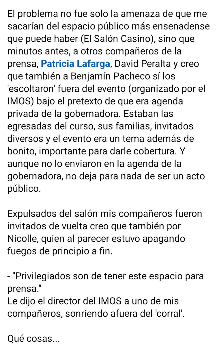 ArmandoNieblas's tweet photo. Lo que nos faltaba, durante un evento PÚBLICO con la gobernadora en #Ensenada, personal del @BC_IMOS amenazó con sacar a un colega e incluso sacó a otros tres argumentando que se trataba de un evento privado, lo que evidentemente no era así.

Peor aún la actitud de Jorge Alberto Gutiérrez Topete, director del IMOS, de burlarse de los colegas, algo que por cierto no es nuevo.

Este tipo de acciones y funcionarios son los que he insistido que dañan fuertemente la de por si ya afectada imagen de la gobernadora.