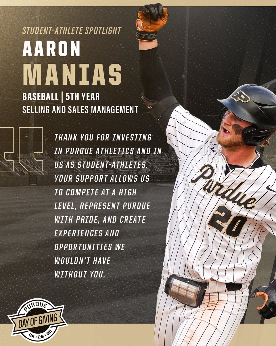 JohnPurdueClub's tweet photo. Student Spotlight Series: Baseball standout Aaron Manias ⭐️⚾️

Your support makes a difference for Aaron on and off the field! Help Aaron and your Boilermaker Student-Athletes hit it out of the park this #PurdueDayOfGiving🚂

Learn more: https://t.co/0hgZFnC5zZ https://t.co/WogCki5GiY