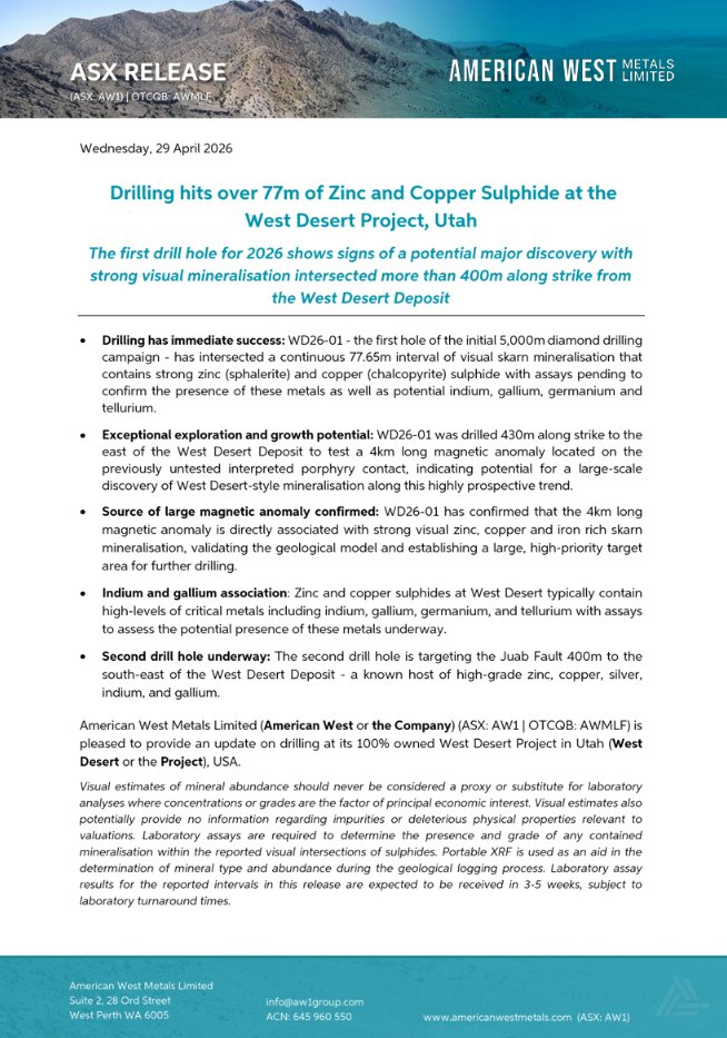 Strong start for AW1 at West Desert, Utah.

First 2026 diamond drill hole has intersected 77m+ of visual zinc &amp; copper sulphides, extending mineralisation ~400m along strike.

Second hole now underway, with assays expected in 3–5 weeks.

👉View: aw12.irmau.com/pdf/f4af8cc0-8…

#AW1 #ASX