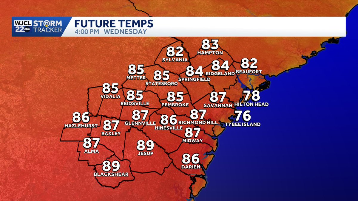 jnelsonWJCL's tweet image. The warmest day out of the next 7 is Wednesday...inland highs in the mid to upper 80s in most locations. #Savannah