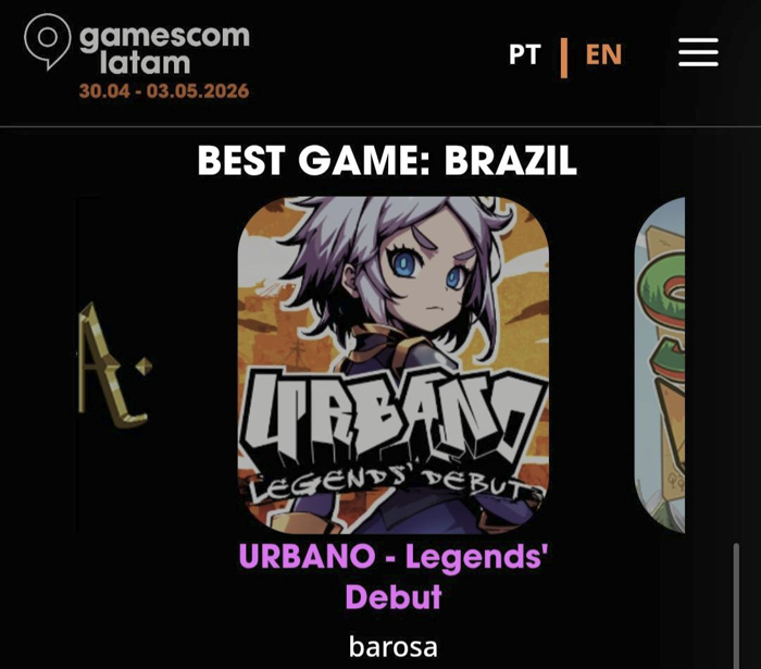 URBANO has been nominated at the BIG Festival (Gamescom Latam) in the "Best Game: Brazil" category as an upcoming title! There will be a small booth at the event where people will be able to play the game, along with the other nominees.
<a href="/BIG_Festival/">gamescom latam BIG Festival 🎮</a> #gamescom