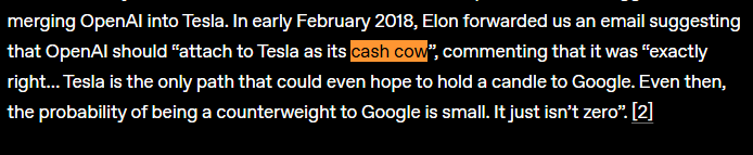 DVD_Solana's tweet photo. This is lowkey kinda crazy. 

On the OpenAI official website, they mention that in 2018 Elon was urging them to "attach to Tesla as its CASH COW" 

He basically believed it was the only hope for OpenAI, and they have a whole site memeing him for this. 

Check it out:

https://t.co/nzl8I5K6FS