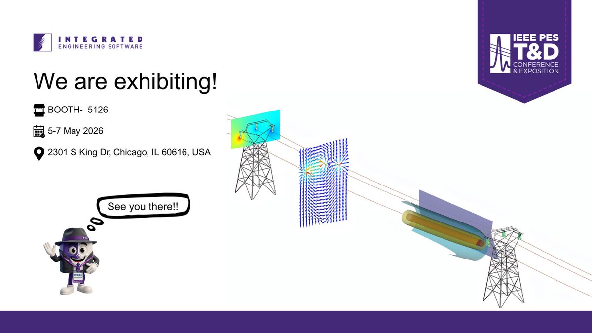 IntegratedSoft's tweet photo. Join us at IEEE Power &amp; Energy Society (PES) T&amp;D Conference , May 5–7, 2026!
Visit us at Booth #5126 to explore advanced electromagnetic simulation solutions for power and energy systems. 

#IEEEPES #PowerSystems #EnergyEngineering #GridModernization #Electromagnetics https://t.co/7BzUui1eAH