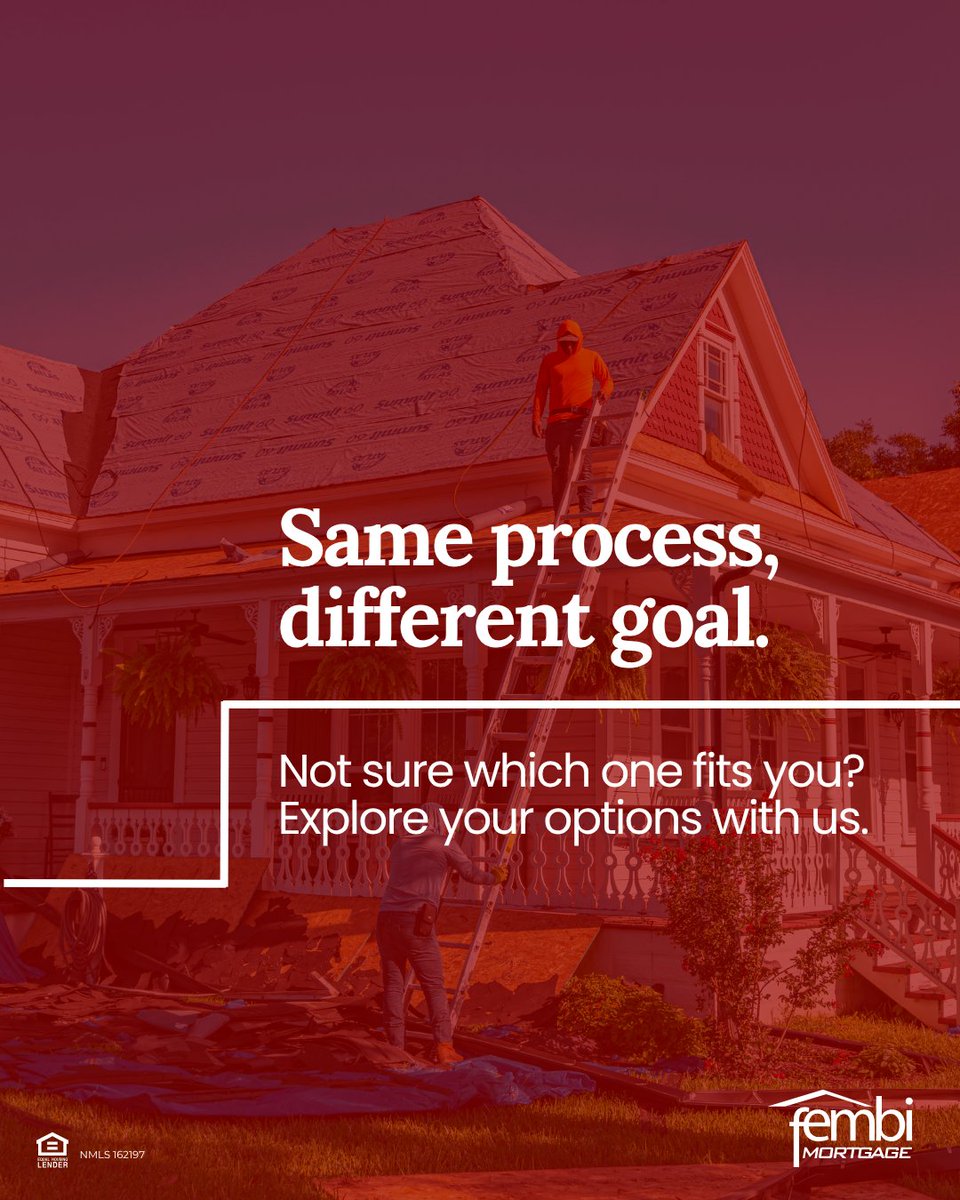 fembiloans's tweet photo. Not all refinances are the same. Some help you lower your payment. 💰Others help you access your home’s equity. 🔨The right option depends on your goals, and we’re here to help you figure that out. https://t.co/Yw56lpwOQY
