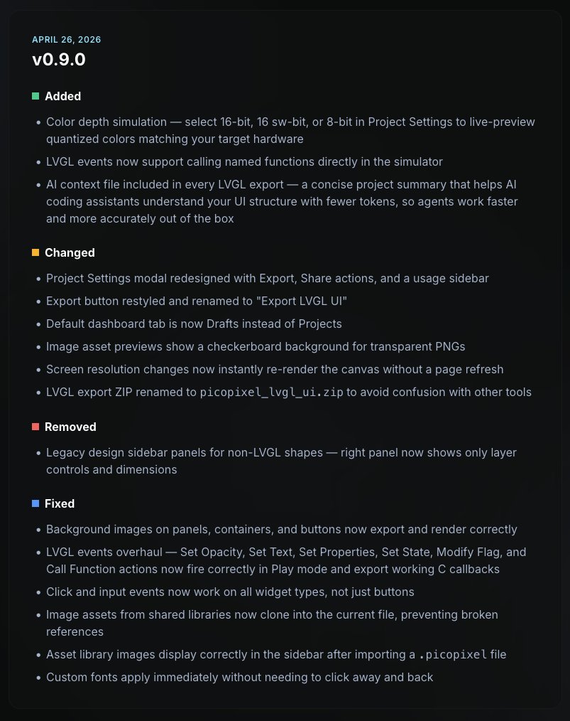 PicoPixelio's tweet image. 9th major update release notes are up! A TON of backend changes and a few noticeable ones too. Try it now if you're building for LVGL: picopixel.io 

#LVGL #ESP32 #Arduino