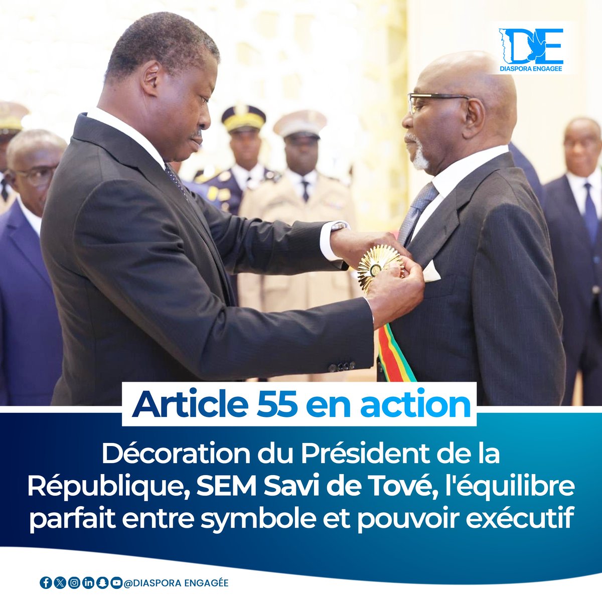 #Togo, Ve République : le 26 avril 2026, le Président du Conseil Faure Gnassingbé a décoré le Président Savi de Tové, conformément aux articles 42 et 55 de la Constitution de 2024. Une habilitation protocolaire confirmant l'ancrage des institutions dans la légalité.
#Constitution