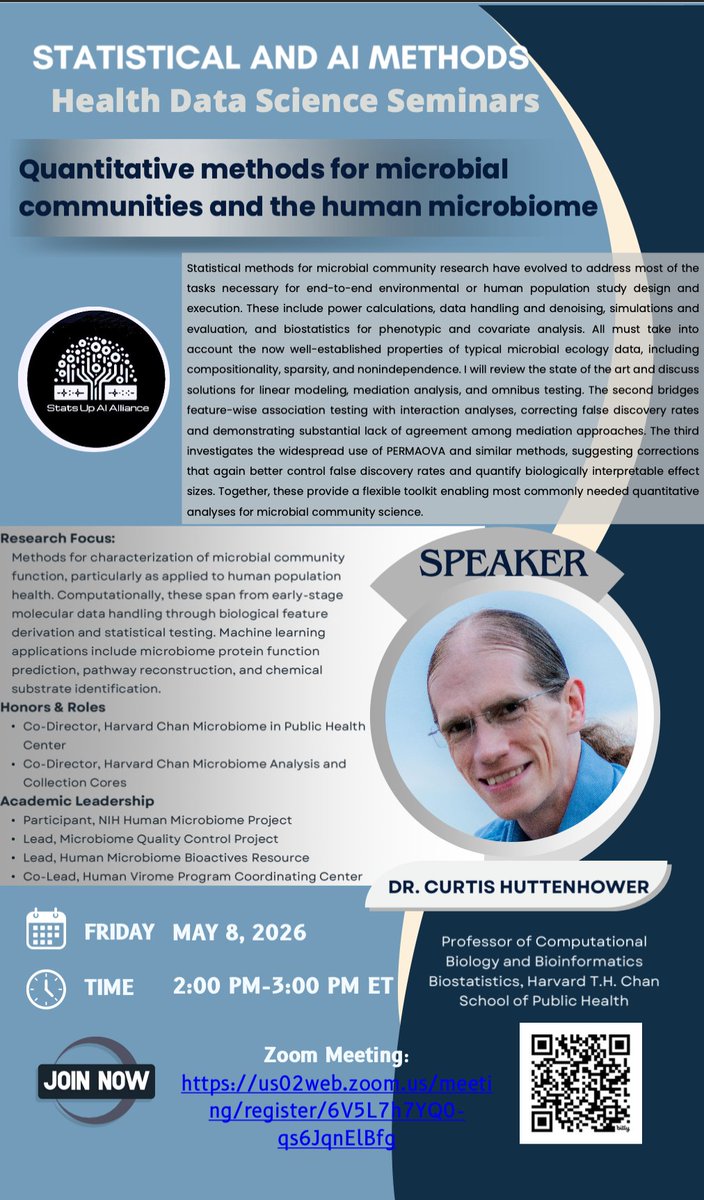 StatsUpAI's tweet photo. StatsUpAI is hosting the next "Statistical and AI Methods for Health Data Science" seminar from Dr. Curtis Huttenhower (Harvard) on “Quantitative methods for microbial communities and the human microbiome” Join us on Fri, May 8th at 2pm ET. Scan the QR code to register! https://t.co/tHRXqlI49n