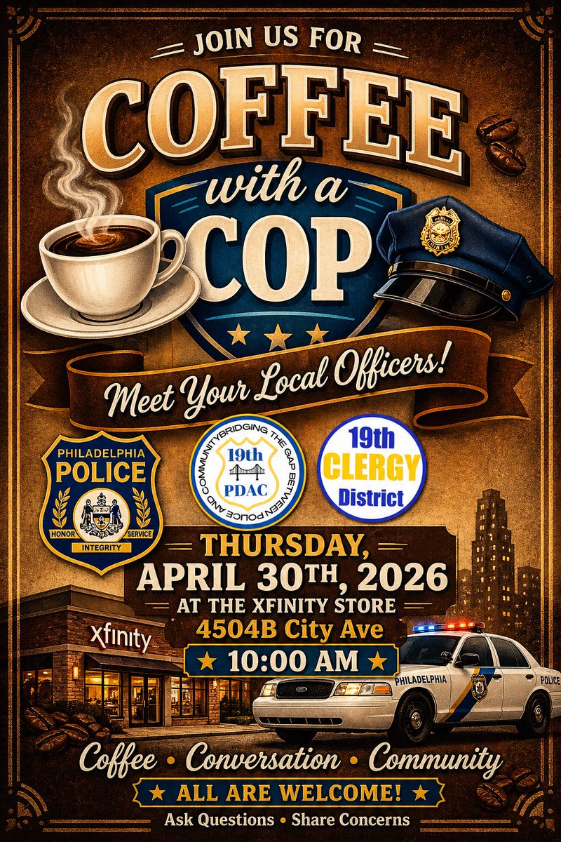 PPD19Dist's tweet image. Join us for Coffee with a Cop ☕👮‍♂️
Come out, grab a cup, and have a real conversation with your local officers. Bring a friend! #CoffeeWithACop #CommunityFirst