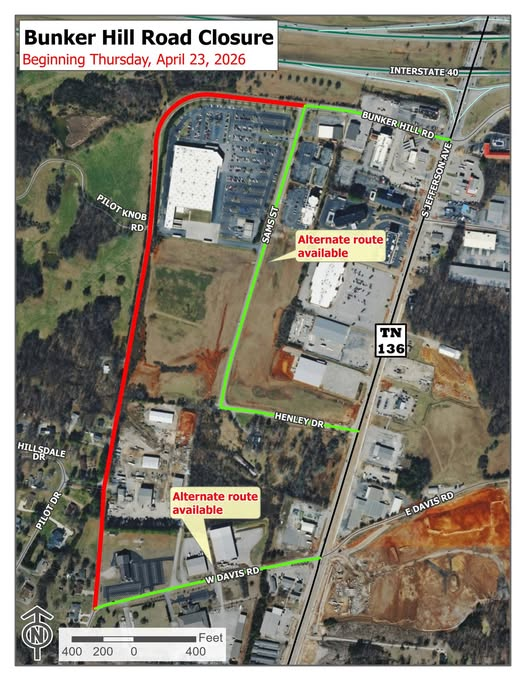 uc_breakingnews's tweet photo. 🚧COOKEVILLE: Bunker Hill Road will be closed beginning April 29 at 7:00 AM until Friday, May 1 due to the Henley Drive project

• From the south: use West Davis Road
• From the north: use Sams Street to access Henley Drive
• Hillsdale Subdivision residents use West Davis Road https://t.co/IcnqsSvMys