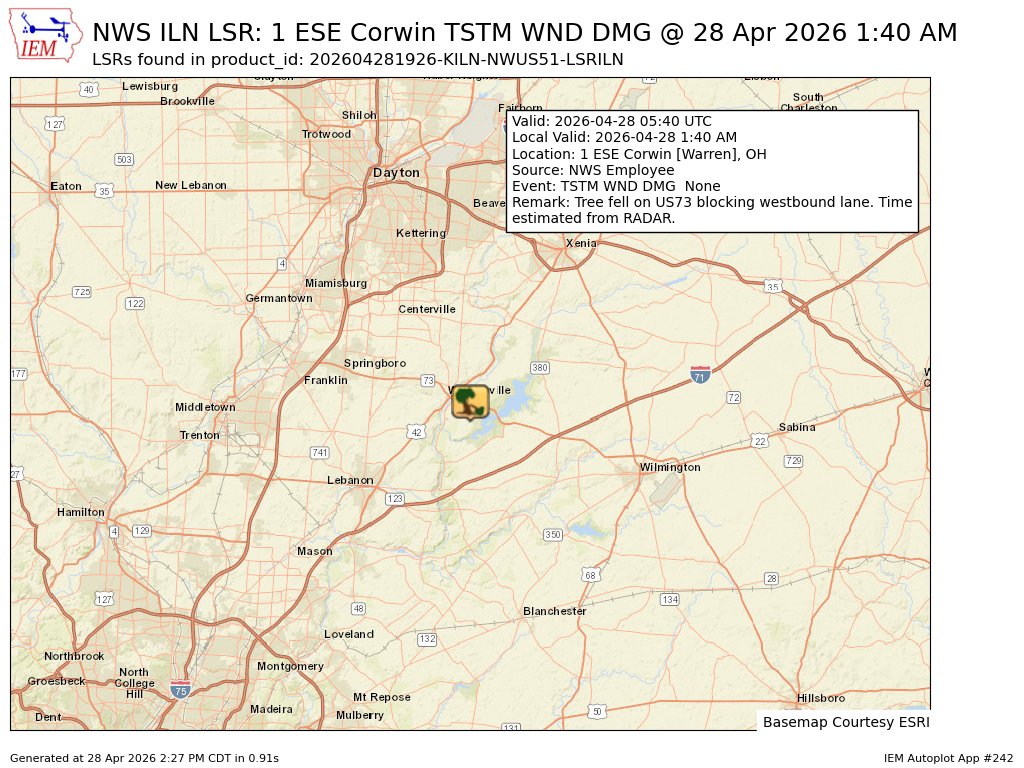 wxenthus's tweet image. [Delayed Report] On Apr 28, at 1:40 AM EDT, 1 ESE Corwin [Warren Co, OH] NWS Employee reports Tstm Wnd Dmg. Tree fell on US73 blocking westbound lane. Time estimated from RADAR. #ohwx mesonet.agron.iastate.edu/lsr/?by=wfo&amp;amp;wf…