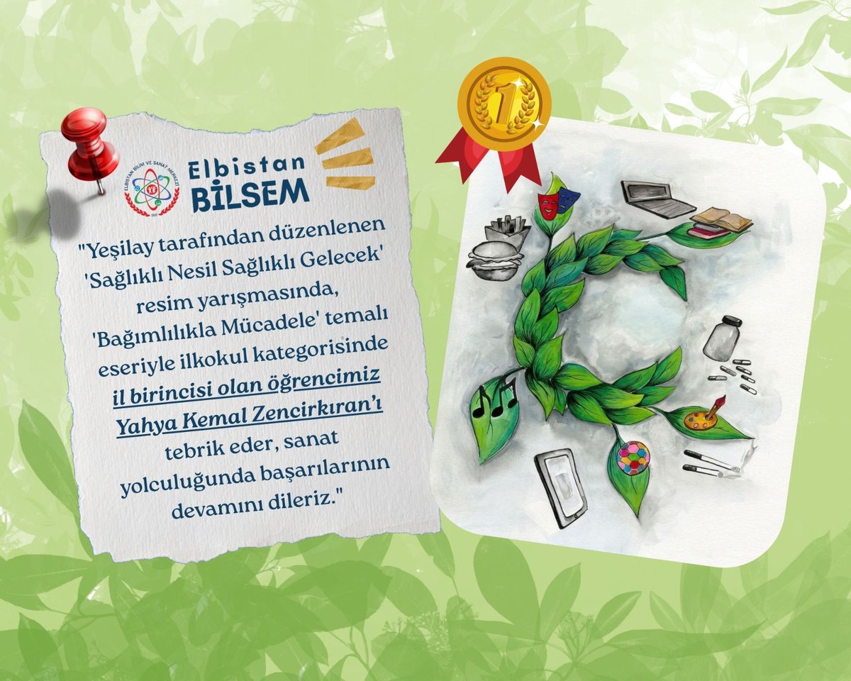 Elbistanbilsem's tweet photo. "Yeşilay tarafından düzenlenen 'Sağlıklı Nesil Sağlıklı Gelecek' resim yarışmas��nda, 'Bağımlılıkla Mücadele' temalı eseriyle ilkokul kategorisinde  il birincisi olan öğrencimizi tebrik eder, sanat yolculuğunda başarılarının devamını dileriz. @MebOrgm @ElbKaymakam @elbistanmem https://t.co/LAChGQ0fu5