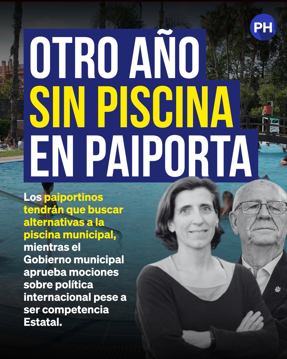 ‼️OTRO AÑO SIN PISCINA EN PAIPORTA. 

➡️Casi 2 años después de la DANA, la piscina municipal seguirá sin abrir sus puertas este verano, condenando a los paiportinos a un largo verano.

🟠🔴El Gobierno municipal por su parte votará en el pleno una moción sobre Oriente Medio.