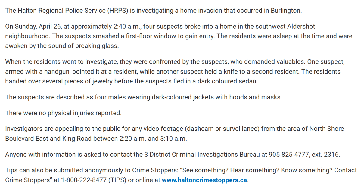 Media371's tweet image. .@HaltonPolice investigating a home invasion on North Shore Boulevard East near King Road in Burlington early Sunday morning. Suspects were armed with a gun and a knife.  #BurlON

Media Release ---&amp;gt;