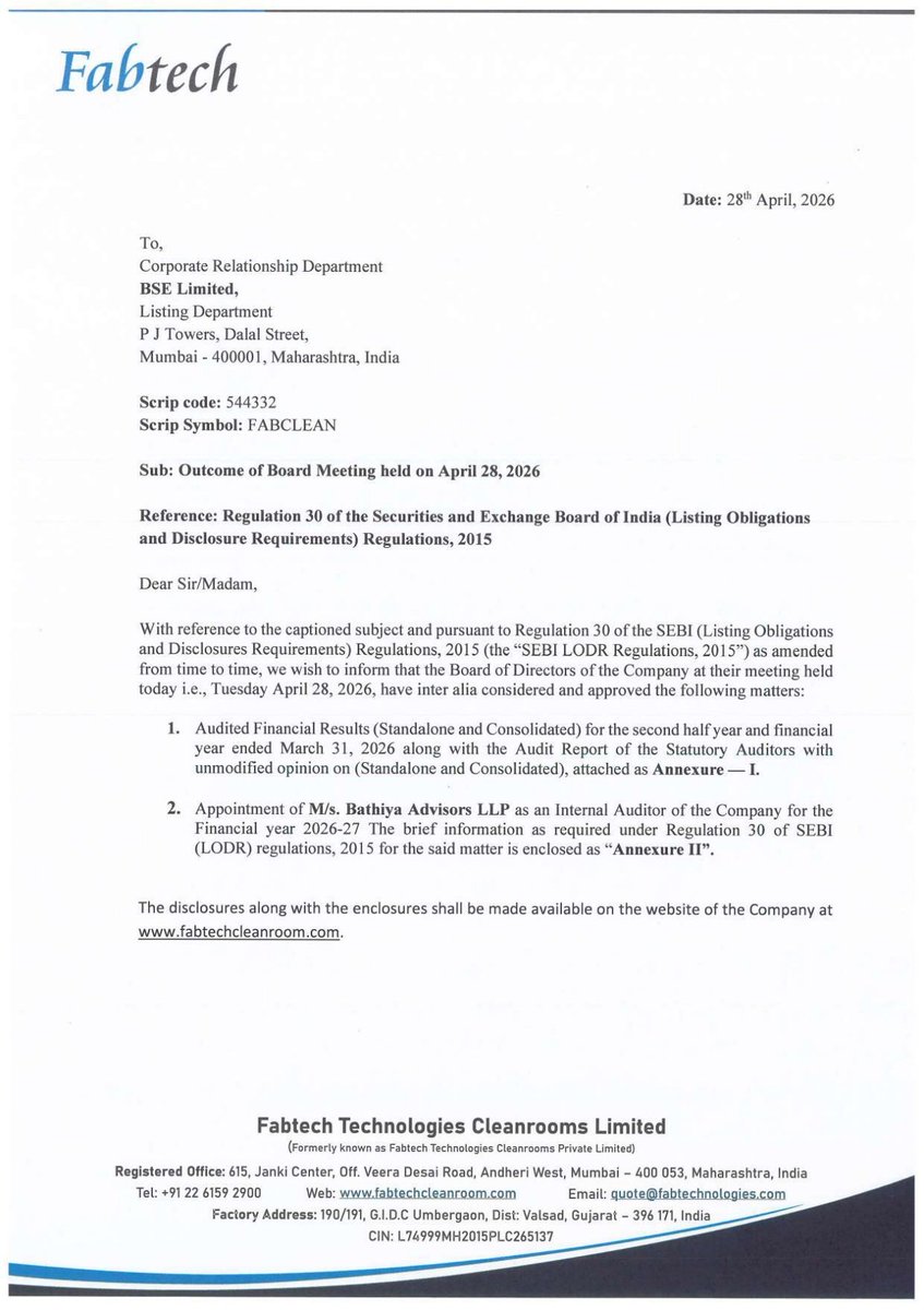 nileshkurhade's tweet photo. 📌 Fabtech Technologies Cleanrooms Ltd informed the exchange about its approval for the financial results for the period ended March 31, 2026. #SME #FABCLEAN 📄🧾 https://t.co/L1j9tnsjKg
