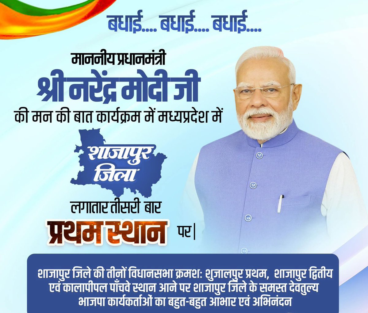 ssolanki014's tweet photo. बधाई.... बधाई.... बधाई....

माननीय प्रधानमंत्री श्री Narendra Modi  जी के #मन_की_बात कार्यक्रम को संगठन ऐप पर अपलोड करने पर शाजापुर जिला लगातार तीसरी बार प्रदेश मे नंबर -1 बना।
@narendramodi
@mannkibaat @NitinNabin @topfashionbazarb @BJP4India @BJP4MP https://t.co/32YCS7gCTR