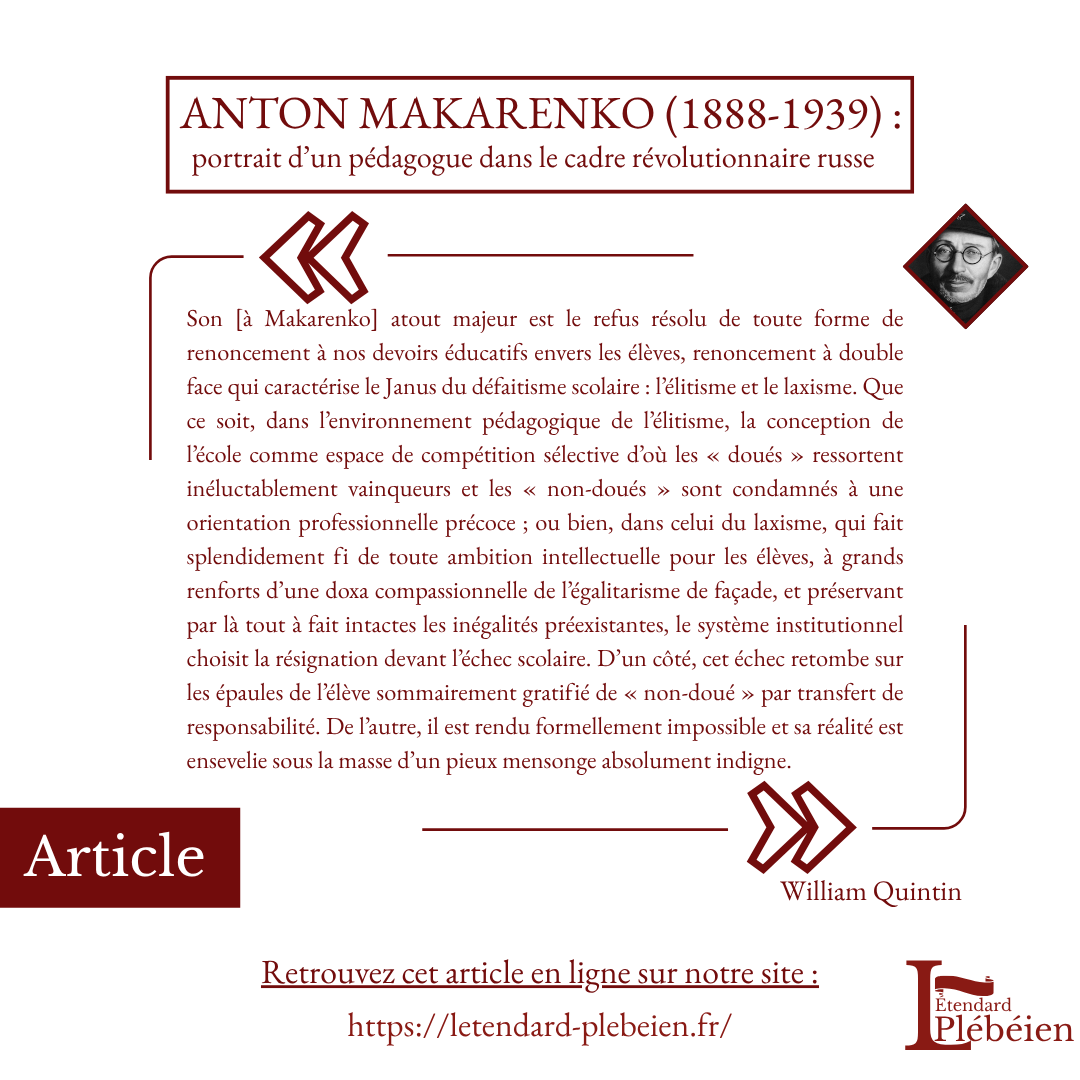EtendardPleb's tweet photo. Peut-on éduquer sans renoncer ? À rebours de l’élitisme comme du laxisme, Anton Makarenko défend une exigence éducative radicale, au cœur des tensions révolutionnaires. Une réflexion dense sur l’école, l’égalité et la responsabilité. À lire 👇 https://t.co/oqxP6w4iny