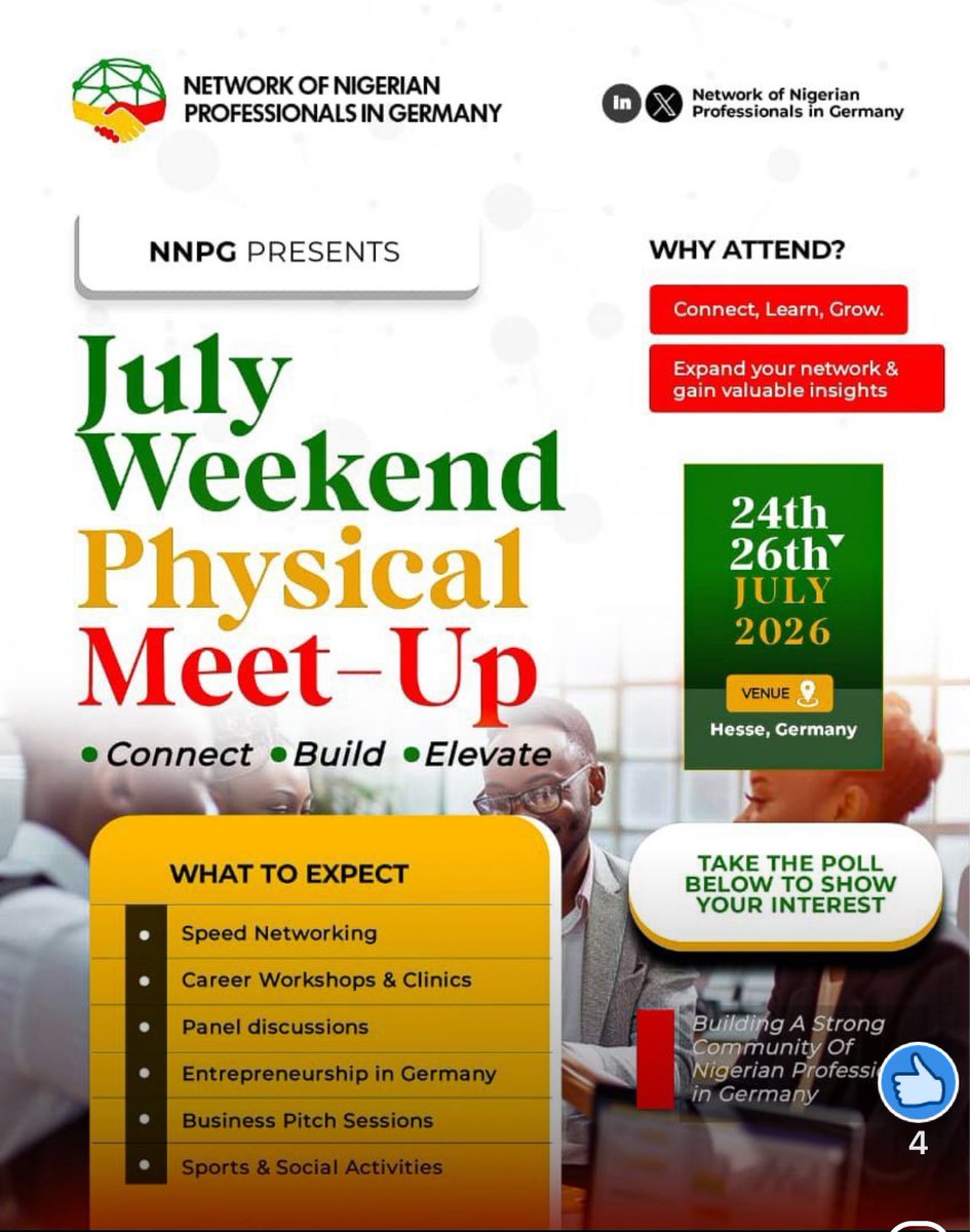 NNPGermany's tweet photo. https://t.co/XpGX9vZr2y 

Let’s build something meaningful together.

hashtag

#NNPG
#Networking
#CareerGrowth
#NigeriansInGermany
#Diaspora
#ProfessionalDevelopment
#Entrepreneurship
#Community
#Germany
#PersonalGrowth
#physicalmeet 4/4 https://t.co/hbAStFrHBs