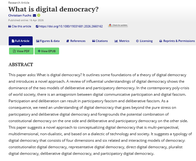 JITP_APSA's tweet image. 🔓OPEN ACCESS🔓This paper introduces a new, six-dimensional approach to digital democracy. The rise of digital #fascism underscores the importance of expanding #digital democracy beyond its deliberative and participatory dimensions.

Read it here🔖tandfonline.com/doi/full/10.10…