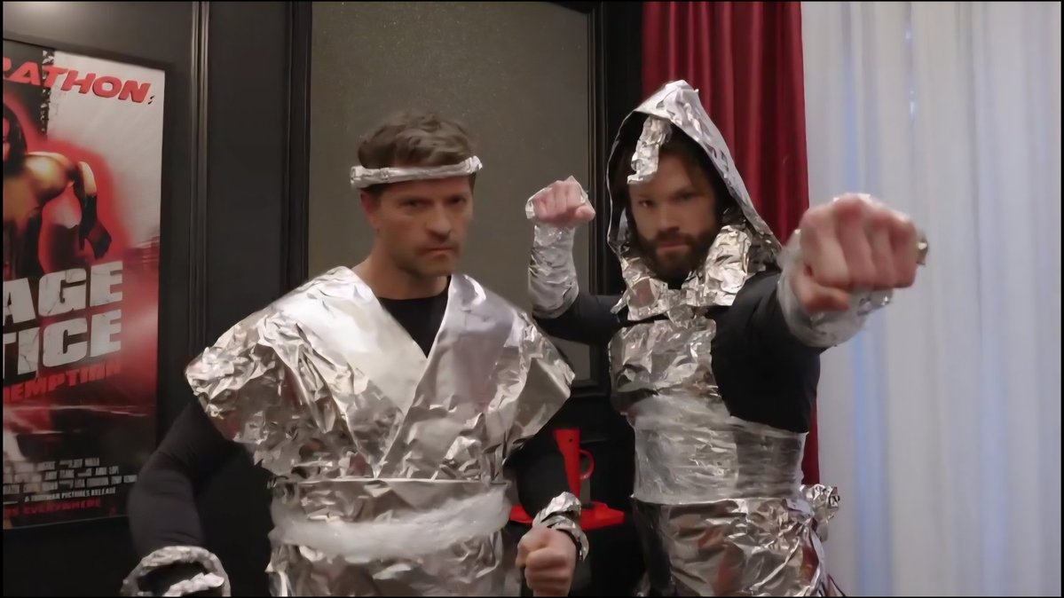 FangasmSPN's tweet image. So is this Jared and Misha letting fandom know they too have tinhats or... #TheBoys #Supernatural #SupernaturalReunion