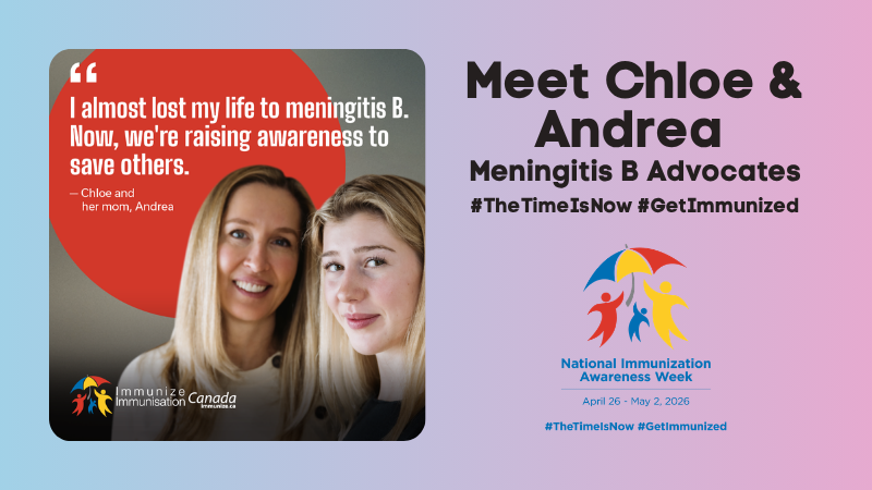 ImmunizedotCa's tweet image. Hear Andrea and Chloe recount the story of Chloe’s near-fatal encounter with meningitis B, and the importance of getting vaccinated against it | Learn more: youtube.com/watch?v=XZUMeq… #TheTimeIsNow #VaccinesWork #VaccinesSaveLives #GetImmunized #meningitis #NIAW2026