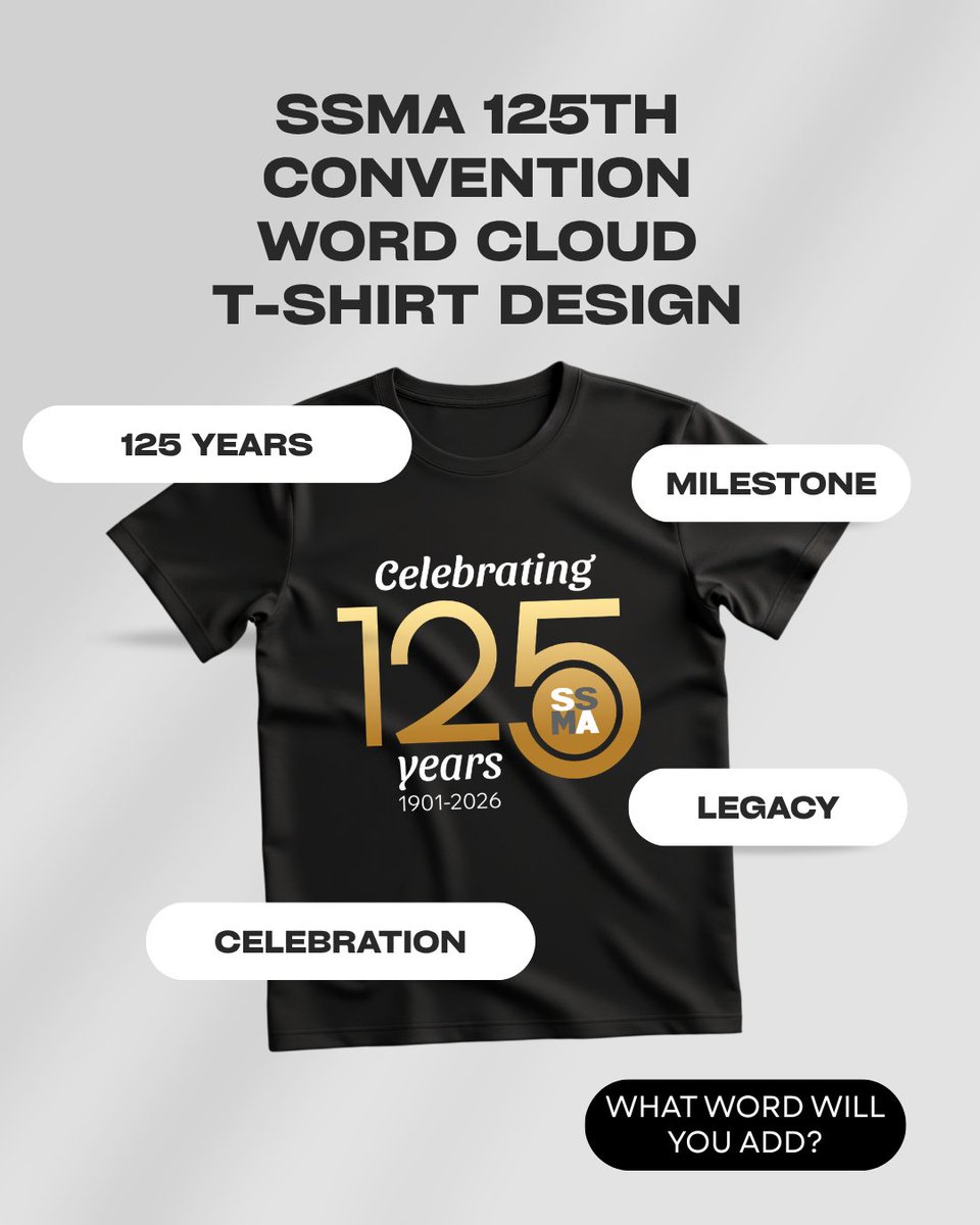 SSMA1901's tweet photo. 🎉 Help us celebrate 125 years!🎉We’re creating a commemorative 125th Convention Word Cloud t-shirt, and we want your voice to be part of it. What’s one word that captures your experience with the organization?Share your word by May 31 at https://t.co/hHq6P3CpaX https://t.co/Wqk4TsIr8W