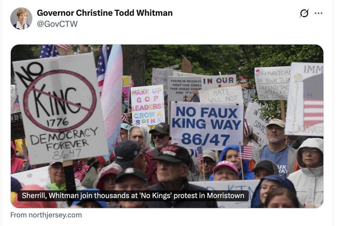Spirtof76USA's tweet image. Former #NJ #Governor posted this incendiary image on her X page on June 14 after she and the NJ Gov candidate @GovSherrillNJ spoke at this rally in Morristown, #NJ.

@gregkellyusa  @VanillaHarrisNJ @wakeupnj @GOPGovs @NJGOP @NJSenateGOP @DawnFantasia_NJ