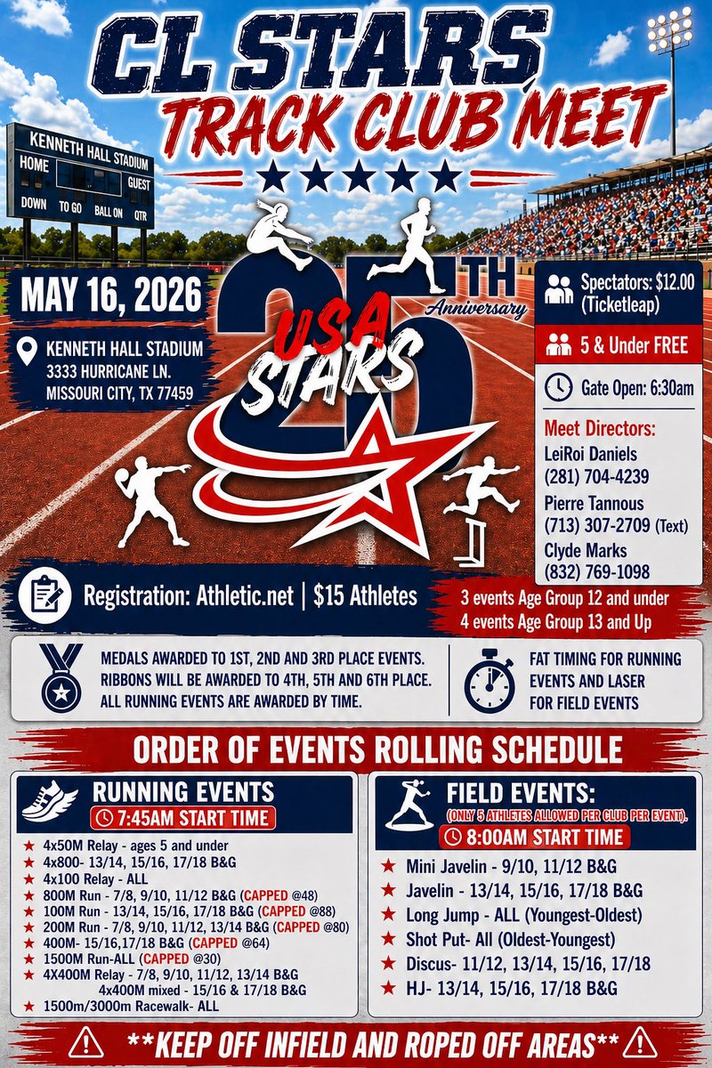 OfficialCLStars's tweet image. The CL Stars Track Club meet is now opened for Registration 🚨 

May 16th - Hall Stadium 🏟️

FAT Timing - wind gauge 
Clap Clap Production- announcer 🎙️ 

System closes May 11 ‼️

#CLStars25 #USATF #trackandfield

New event -Mixed 4x4s for 15-16 &amp;amp; 17-18