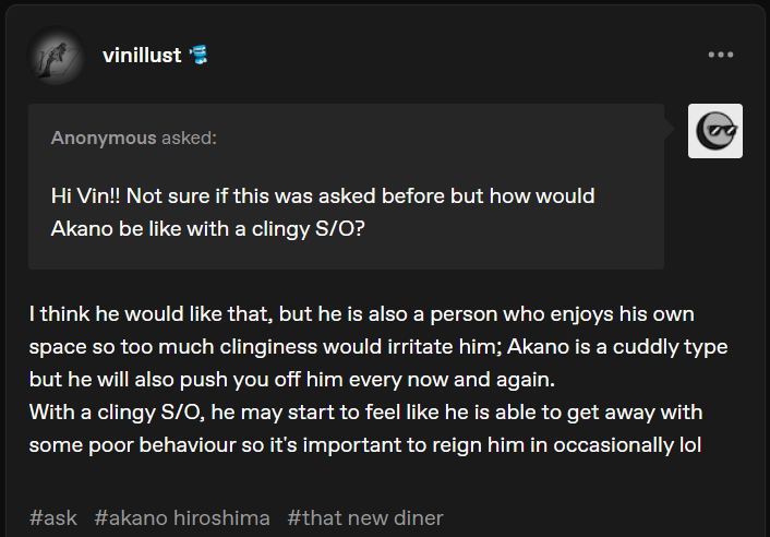 vinillust's tweet photo. i just answered a question about how akano would be with a clingo s/o!!

i answer anonymous questions on my tumblr. link below! https://t.co/juVpEdrAT9