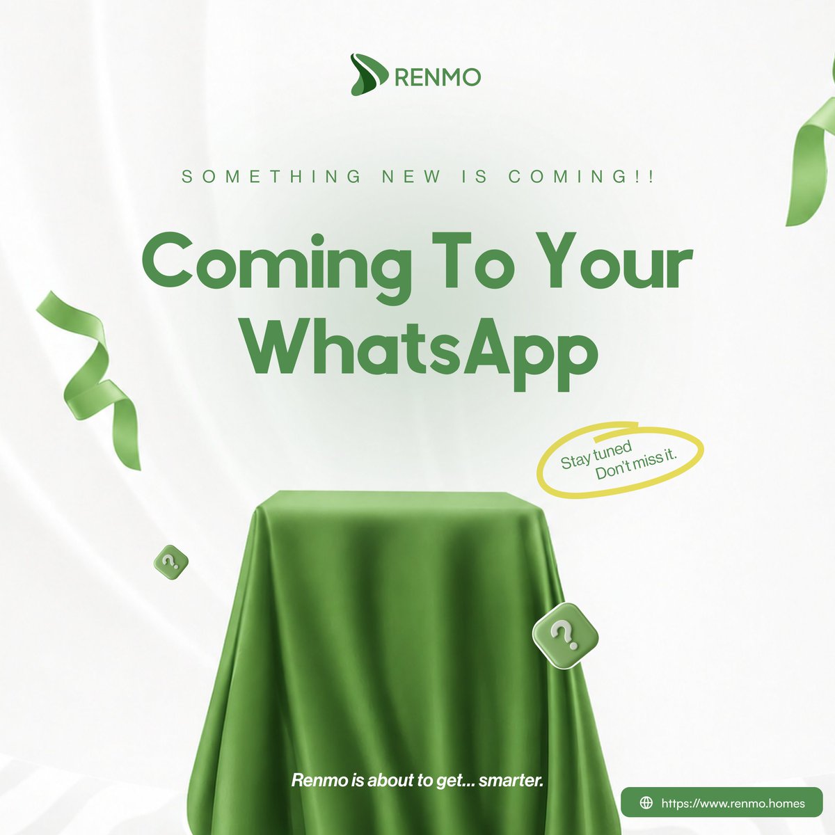 RenmoHomes's tweet image. Something big is coming to your WhatsApp 👀📲

Renmo just got smarter.

Stay tuned. 🔥
#ComingSoon #RenmoHomes #PayMonthly