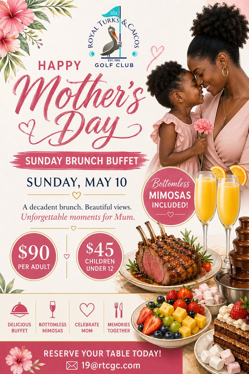 RoyalTurksGolf's tweet image. Celebrate Mum at #19 Bar and Restaurant this Mother’s Day 🌸
Sunday Brunch Buffet, $90 adults | $45 under 12, with bottomless mimosas 🥂

View the full menu: royalturksandcaicosgolf.com/mothers-day/

#MothersDay #TurksandCaicos #Providenciales