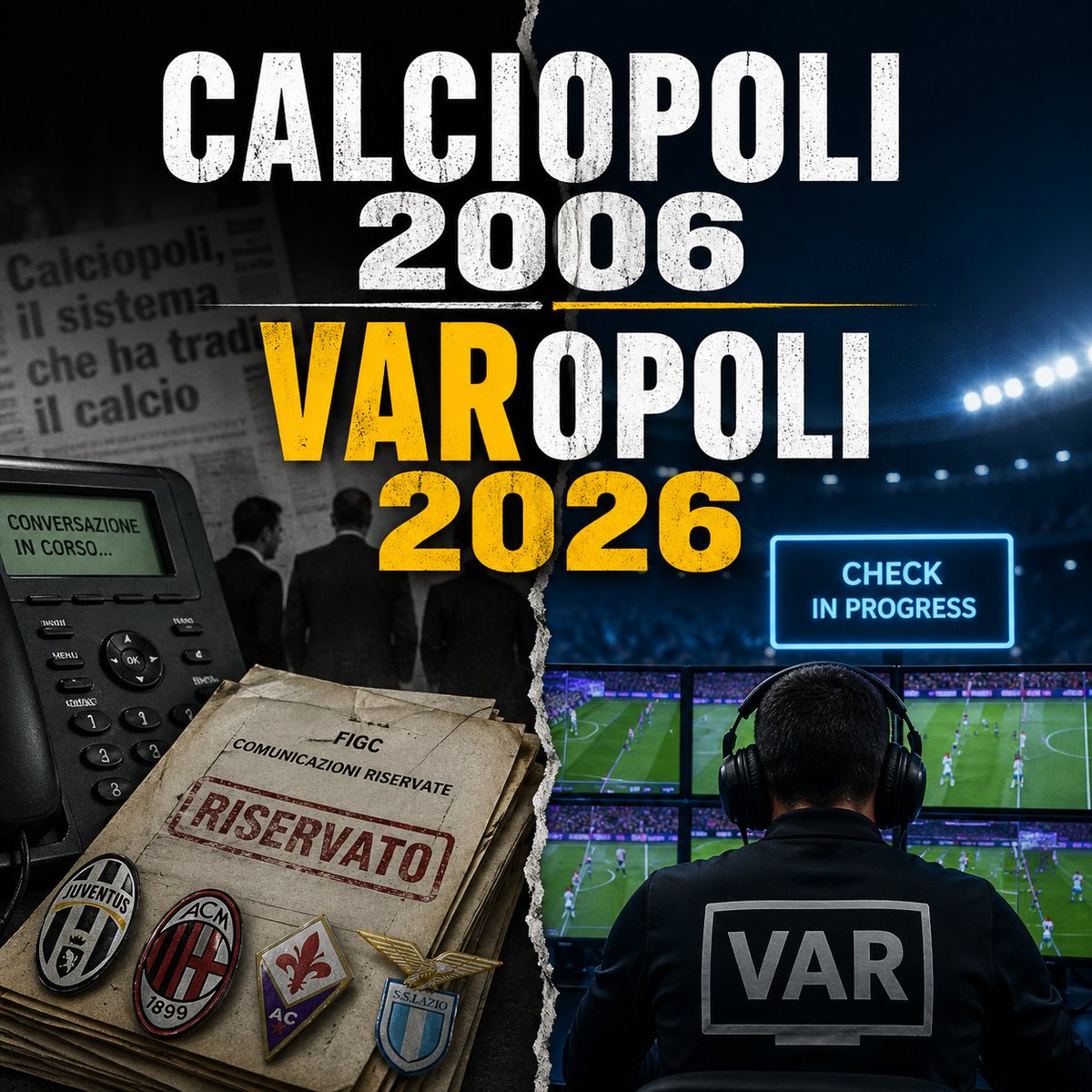 ⚽ 2006 #Calciopoli - Nessuna frode sportiva, ma sistema che mirava a condizionare il calcio italiano senza alterare i risultati delle partite e le classifiche e con gli arbitri tutti assolti (tranne #DeSantis per Fiorentina-Bologna
🖥️ 2026 #VARopoli - Accuse di frode sportiva