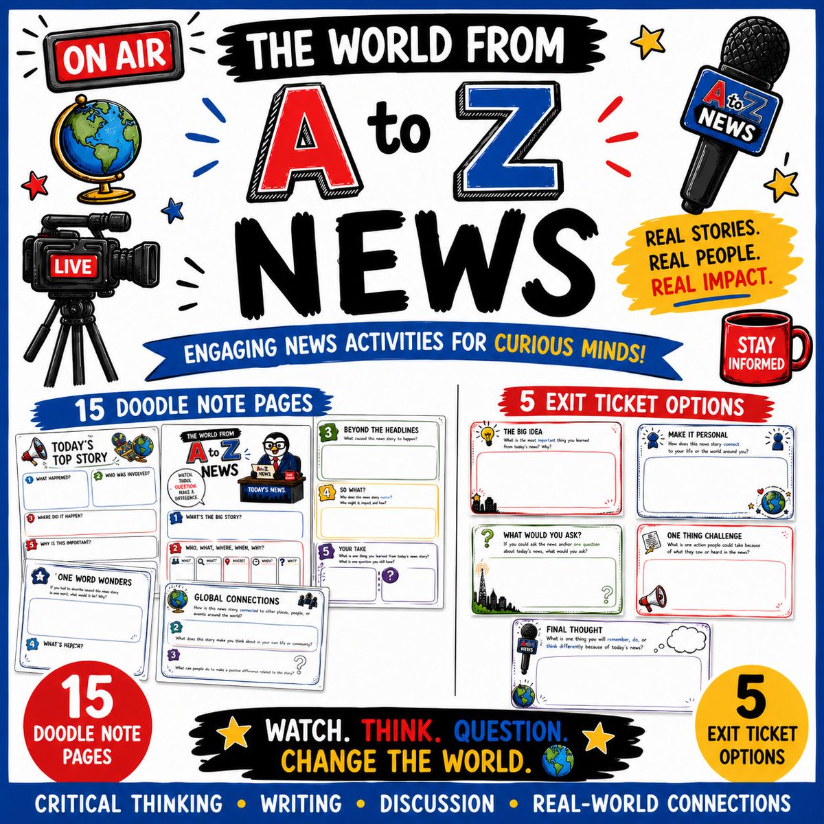 spullinteach's tweet photo. Turn everyday news into powerful thinking, and writing with this creative, student-centered resource designed to make current events meaningful.
🎟 5 Unique Exit Ticket Options &amp; 15 templates.
A Detailed Teachers Guide
No prep – print and go &amp; GOOGLE SLIDES Version. https://t.co/rQd3guHpUc