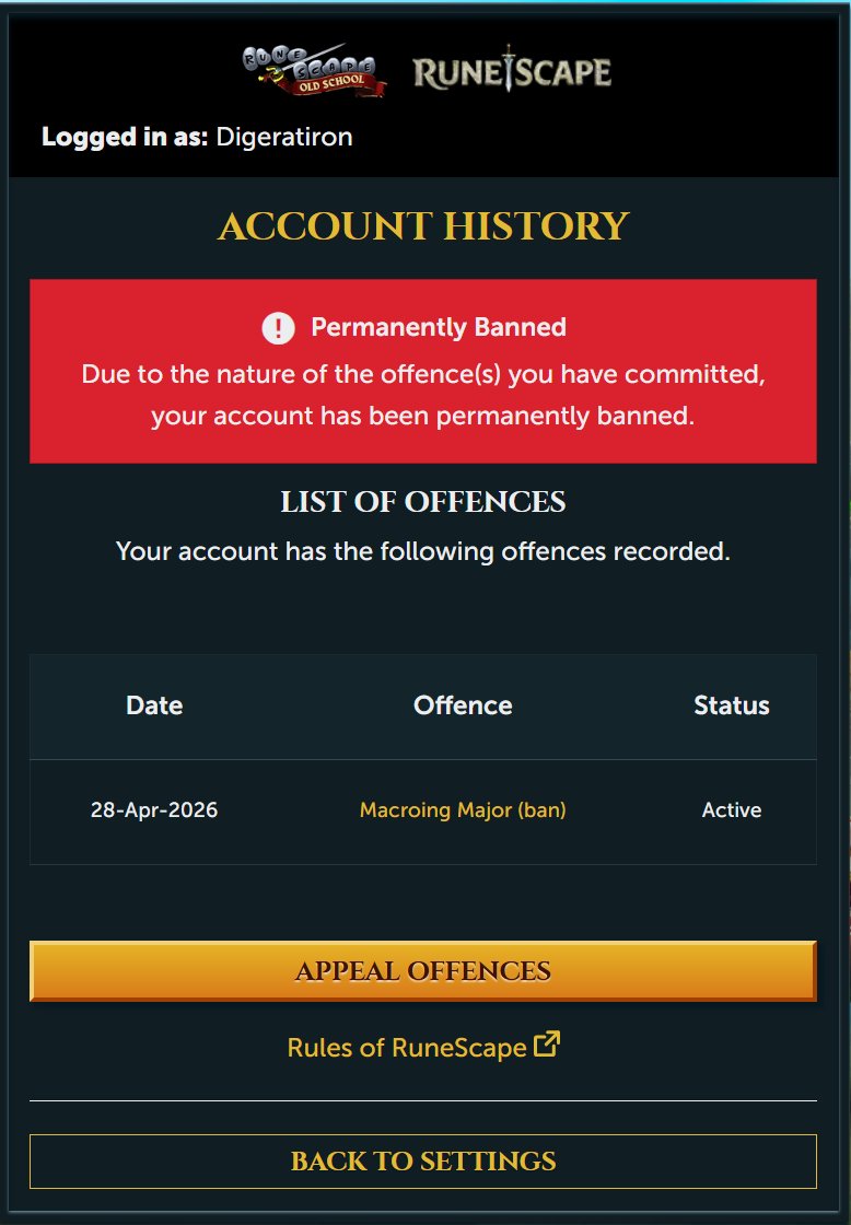 danielky08's tweet photo. @JagexSupport @JagexArchie @JagexArchie 

I would like a manual review of these false account bans. The reasoning behind my bans were stated as utilizing Macros/3rd party software. However I have only ever used Runelite to play the game legitimately. https://t.co/WmQ5X8mwnO