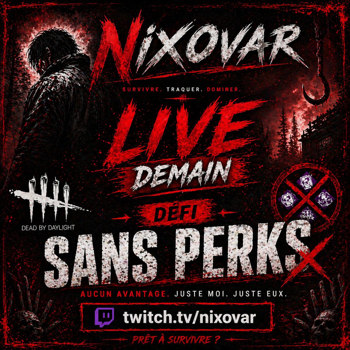 Gyharine's tweet image. 😱 LIVE DEMAIN a partir de 10h00 sur Dead by Daylight !
Défi SANS PERKS 💀
Tu survivrais sans aucun avantage ? 👁️

🎮 twitch.tv/nixovar

#DeadByDaylight #DBD #HorrorGaming #TwitchStreamer #GamingCommunity