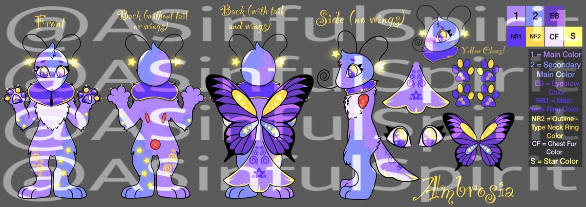 ASinfulSpirit's tweet image. Fursona Reference Sheet! Her name is Ambrosia, I’m writing a (potentially) short book about her and her lore, it’s inspired off of wings of fire! Stay tuned! // DO NOT STEAL. // #furry #fursona #butterfly #fursuit #fursonareferencesheet #referencesheet #art #donotsteal