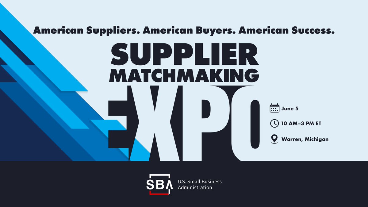 SBAgreatlakes's tweet photo. 🚨Exciting news! Join @SBAgov, @GM, and the @newindustrials at the 2026 𝗦𝘂𝗽𝗽𝗹𝗶𝗲𝗿 𝗠𝗮𝘁𝗰𝗵𝗺𝗮𝗸𝗶𝗻𝗴 𝗘𝘅𝗽𝗼 June 5th at General Motors’ Cole Engineering Center in Warren, MI. 
Free entry! Register now: https://t.co/ziSK5DUH0E
#SupplierMatchmakingExpo #MadeInAmerica https://t.co/kgbzPb0rlX