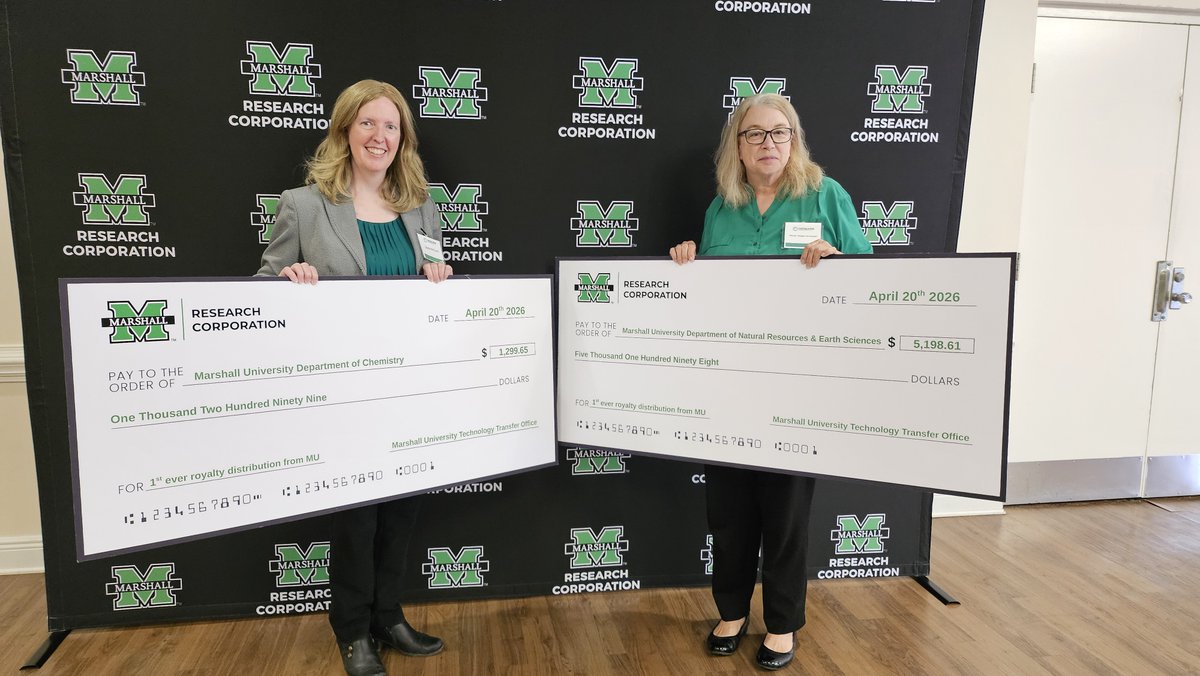Congratulations to the Chemistry Dept and Natural Resources &amp; Earth Sciences Dept on receiving Marshall’s first-ever Royalty Check distribution! Special recognition to Department Chairs Dr. Laura McCunn and Dr. Mindy Armstead for their leadership in this milestone achievement. 💚