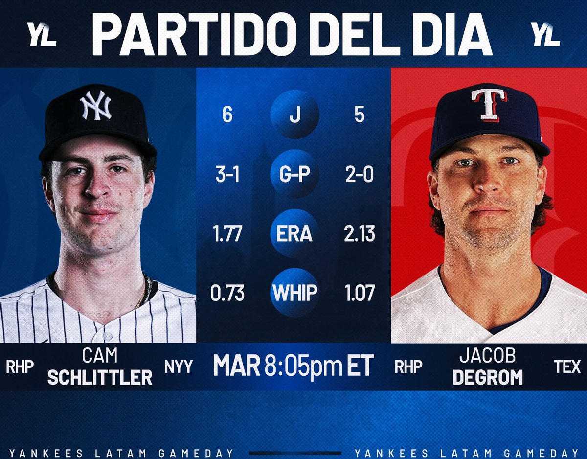 GrandSlamMLB's tweet image. El As Cam Schlittler y Jacob DeGrom lideraran el duelo de lanzadores mientras los #Yankees irán por  su 4ta serie de manera consecutiva #RepBX 

✍️🏼 #Yankees_LATAM