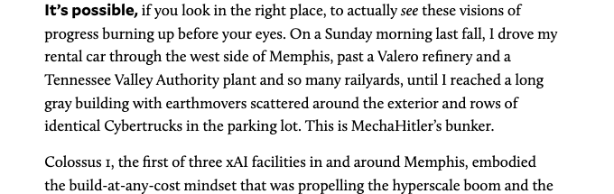 nlanard's tweet photo. From @timothypmurphy on the rise of our AI oligarchy and his trip to see the mega datacenter in Memphis, aka "MechaHitler’s bunker" https://t.co/yPtEV4M1x7