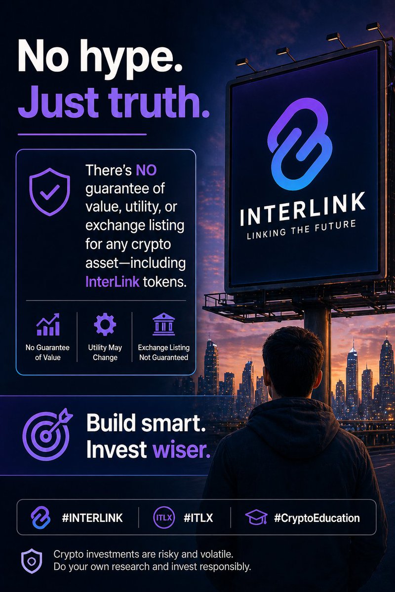 KOZAZ02's tweet image. No hype. Just truth.
There’s NO guarantee of value, utility, or exchange listing for any crypto asset—including InterLink tokens.
Build smart. Invest wiser.
#INTERLINK #ITLX #CryptoEducation