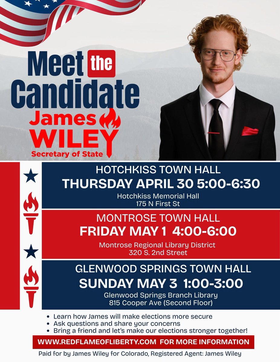 GarfieldCoGOP's tweet photo. Upcoming Candidate Event in Garfield County
 
Join James Wiley, candidate for Colorado Secretary of State, for a Town Hall in Glenwood Springs.
 
📅 Sunday, May 3 🕐 1:00 – 3:00 PM 📍 Glenwood Springs Branch Library (2nd Floor) 815 Cooper Ave
 
This is an opportunity to hear directly from James about his campaign, election security, and his vision for the Secretary of State’s office, as well as ask questions and engage in discussion.
 
Bring a friend and stay involved in the conversation about Colorado’s future.