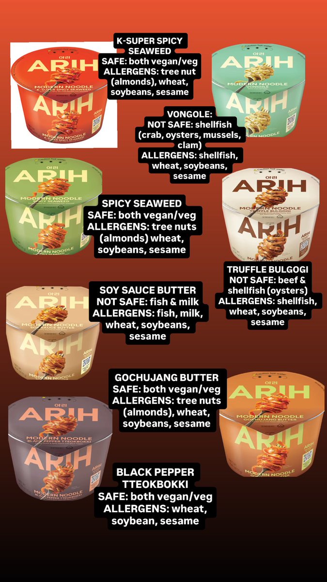 For those asking 4 of the ARIH RAMEN are actually safe to eat if you’re vegan/veg. They are made with plant-base milk; the powder, sauce &amp; flake packets don’t contain any animal products

GF NOTE: the noodles are made with wheat flour &amp; added wheat gluten
