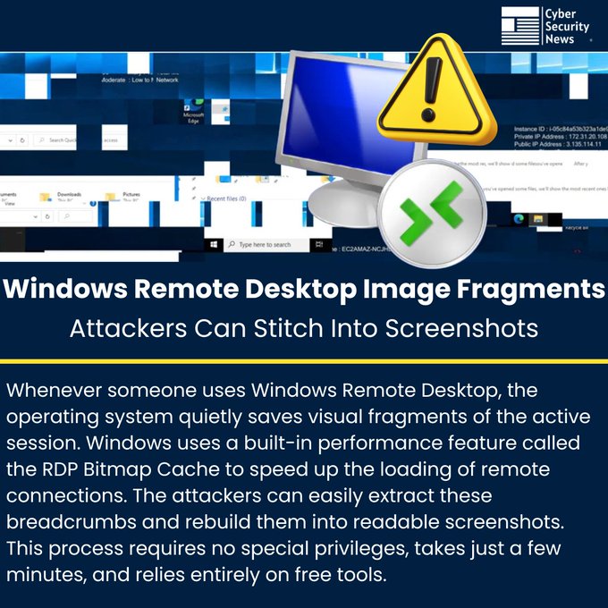upgradeoptions's tweet image. ⚠️ Windows Remote Desktop Leaves Image Fragments Attackers Can Stitch Into Screenshots 

Source: cybersecuritynews.com/windows-remote… @The_Cyber_News

Whenever someone uses Windows Remote Desktop, the operating system quietly saves visual fragments of the active session. 
#cybersecuritynews