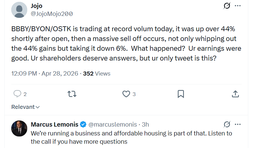 $BBBY stock price went down today, because housing is not affordable, per <a href="/marcuslemonis/">Marcus Lemonis</a> 🤣