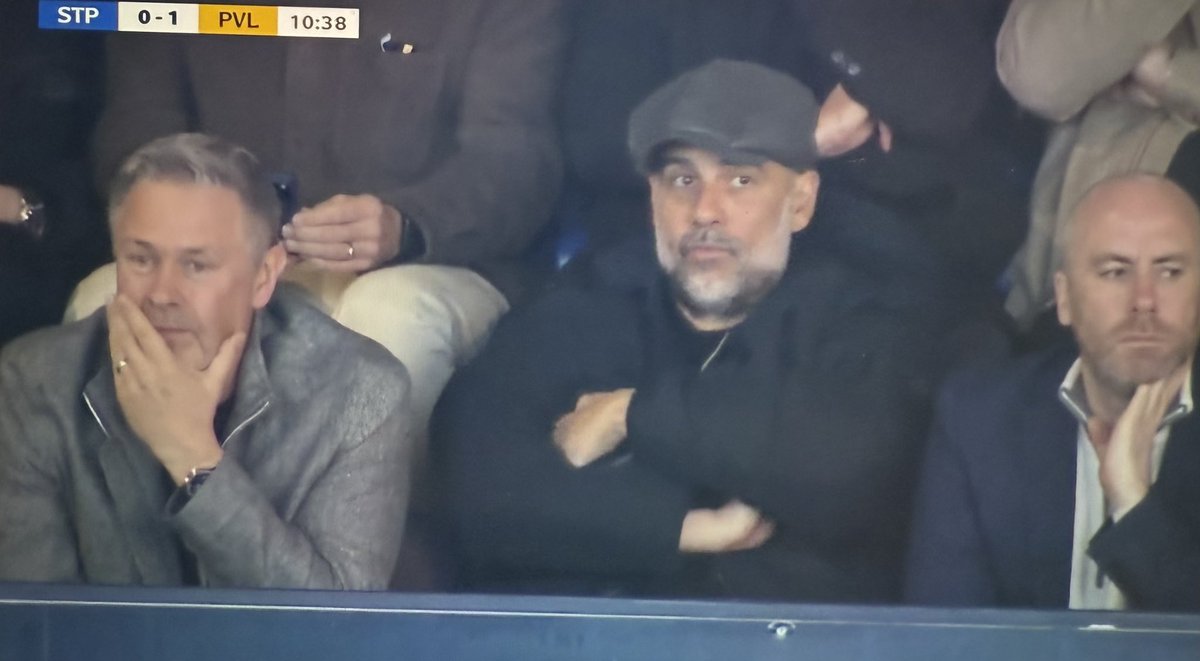 City_hq's tweet photo. 🚨 𝗡𝗘𝗪: Pep Guardiola in attendance at the Stockport County vs Port Vale game. https://t.co/sHgMXsglVJ