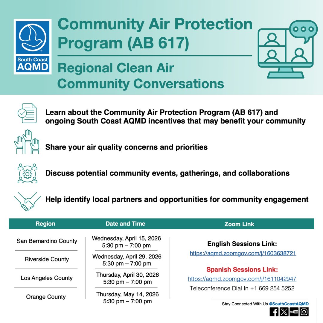 SouthCoastAQMD's tweet image. Your #voice matters! Join #SouthCoastAQMD for a series of virtual Regional #CleanAir Community Conversations to discuss local #airquality concerns, priorities, and #communitypartnerships. ow.ly/5iQn50YGGWI

How to Join:
English Session: aqmd.zoomgov.com/j/1603638721
Spanish