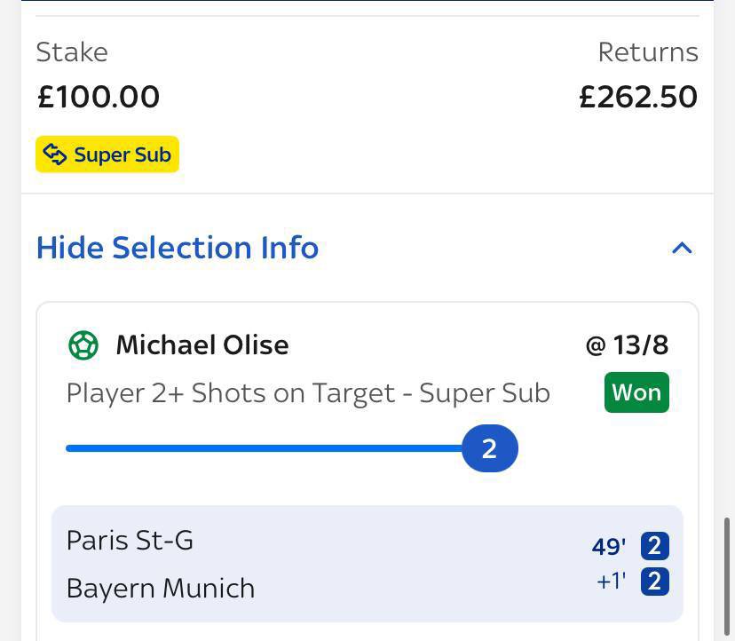 HHGBetting's tweet photo. 💥 BET OF THE DAY WINS AGAIN 💰🔥

Michael Olise delivers ✅
13/8 landed with ease 😎

What a ridiculous day of winners… everything hitting 📈

If you’re not involved yet… what are you waiting for? 👀

#BettingWins #FootballTips #WinningTips #BetOfTheDay #UCL #PSGvBayern #GamblingTwitter
