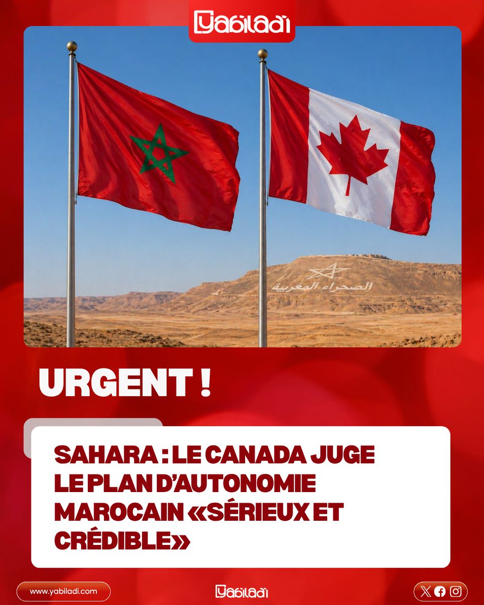 yabiladi_fr's tweet image. Sahara : le Canada juge le plan d’autonomie marocain «sérieux et crédible» 🇲🇦🇨🇦

🔗 : yabiladi.com/articles/detai…

#Maroc #Canada #Sahara #NasserBourita #Politique #Actualité