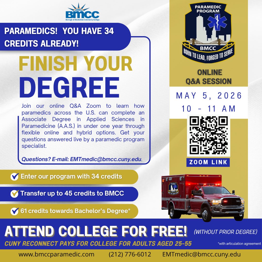 BMCCParamedic's tweet image. 🚑‼️ Join our online Q&amp;amp;A session to learn how paramedics anywhere in the nation can complete their degree! 

🔗 Link: bmcc-cuny.zoom.us/j/7269338079 

#qa #ems #paramedic #emt #career #college